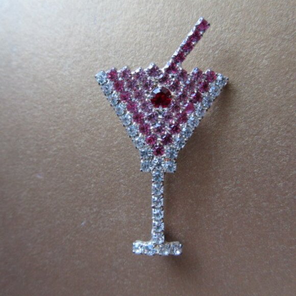 Martini Glass Vintage Pin White Pink Crystal Pin - Picture 5 of 7